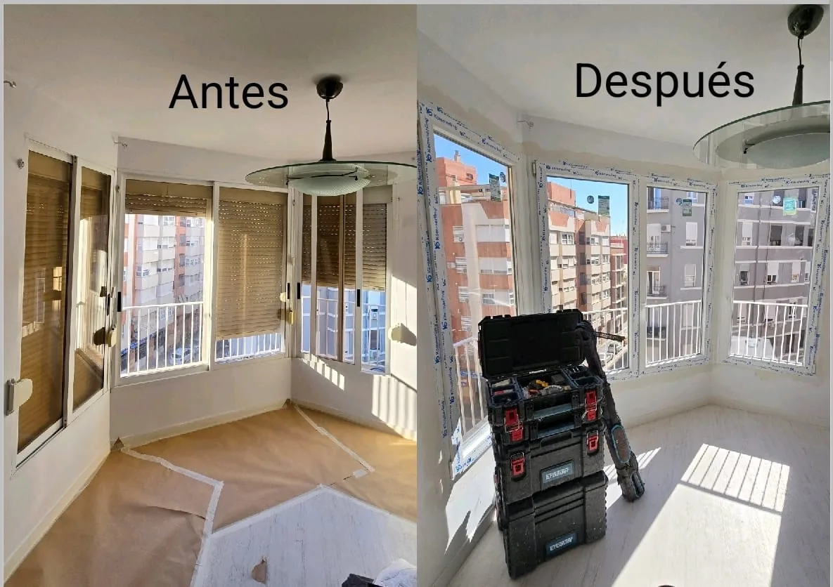 Antes y después de cambio de ventanas blancas en una vivienda