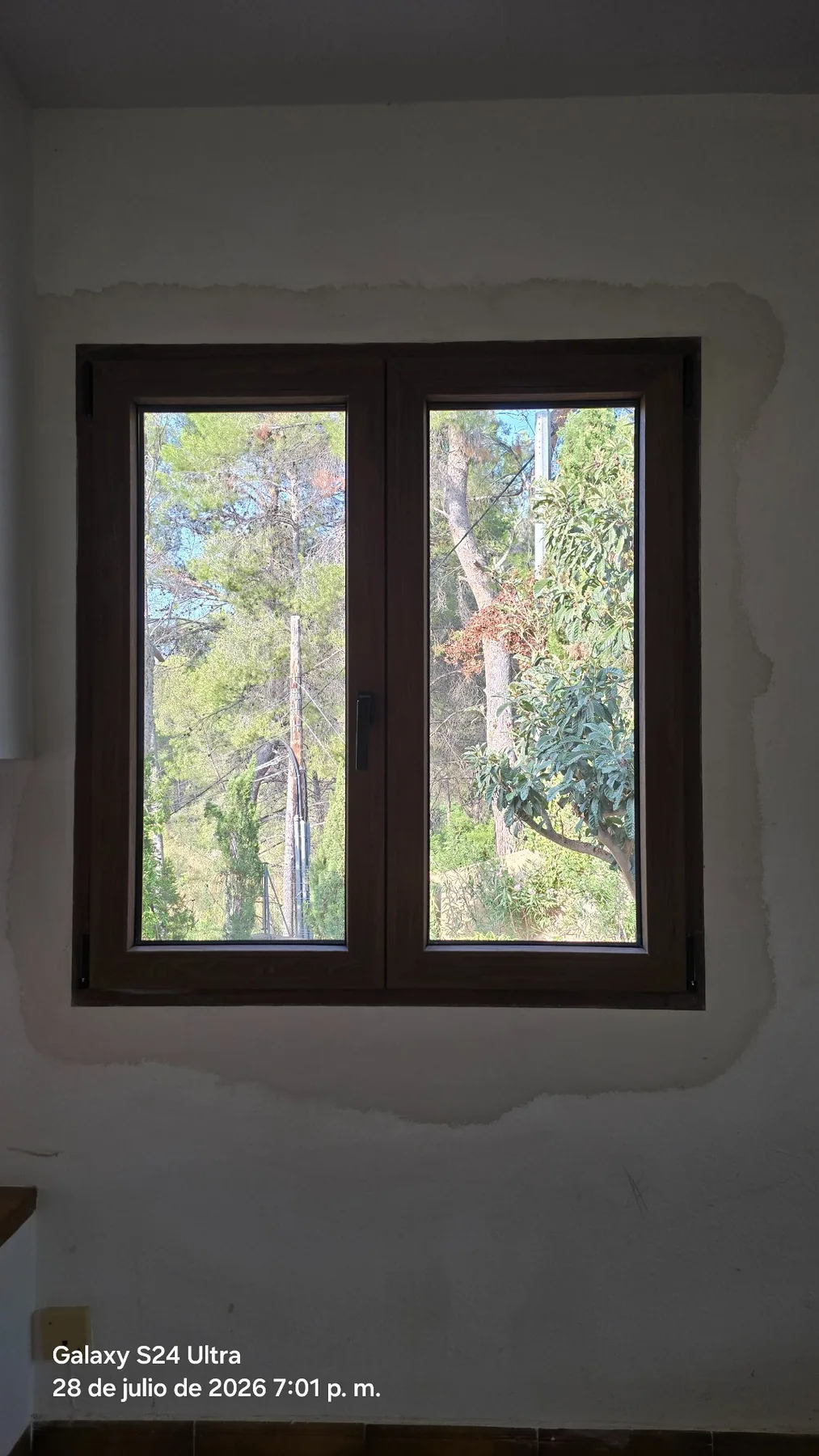 Ventana acabado madera con vistas al exterior